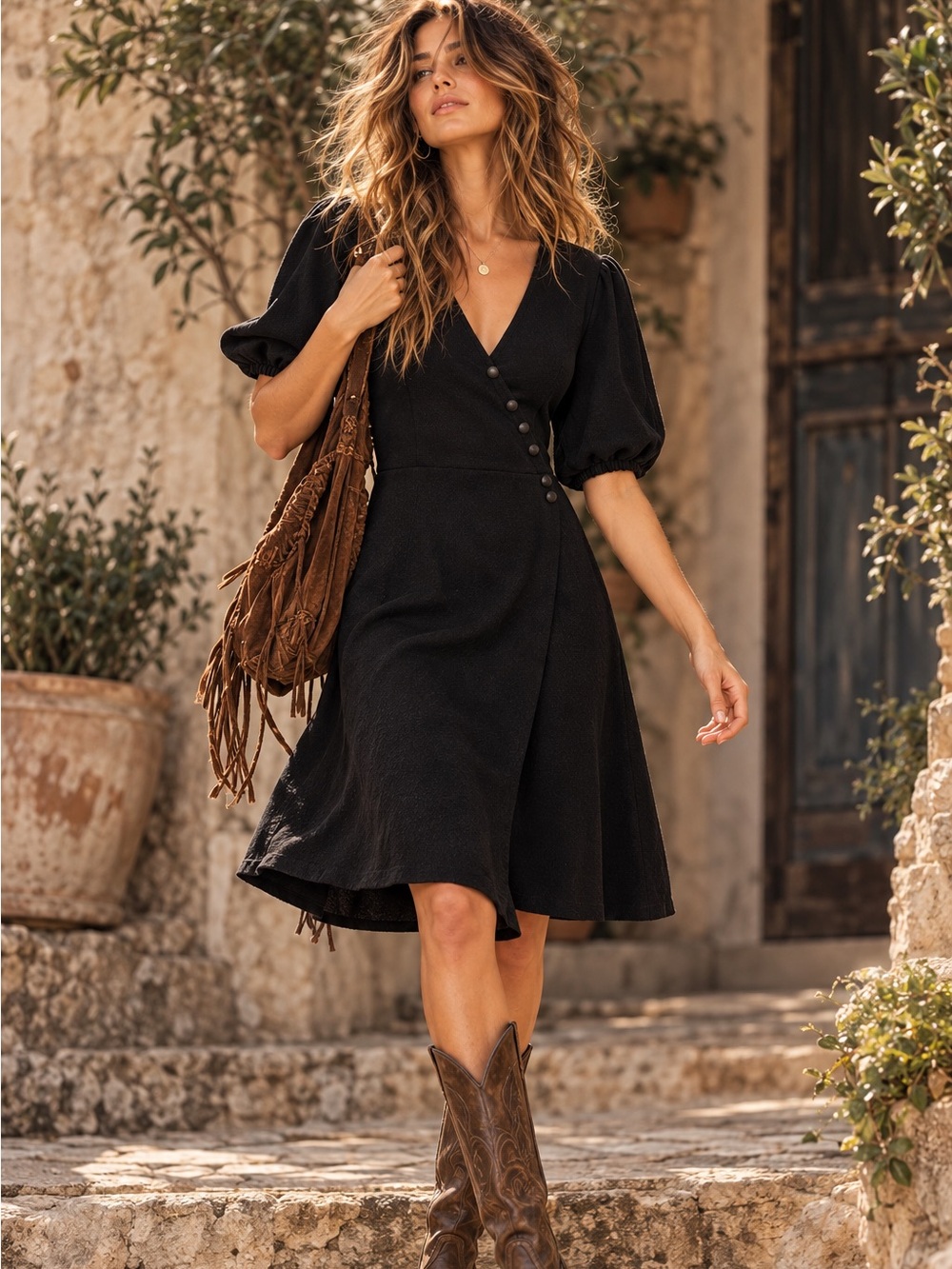 NWT Madewell Black Wrap Front Dress Puff Sleeve Button Detail V Neck